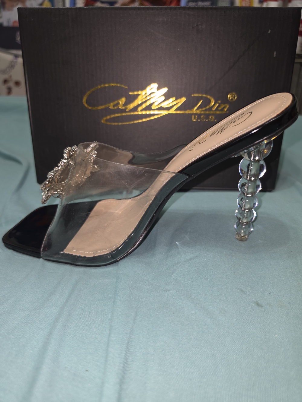 Cathy Din Women’s Mule Heels Size 9 Black/Clear Plastic Square Toe Rhinestone